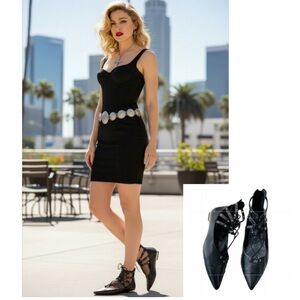 White House Black Market Lace up flat shoes leather point toes black size 7